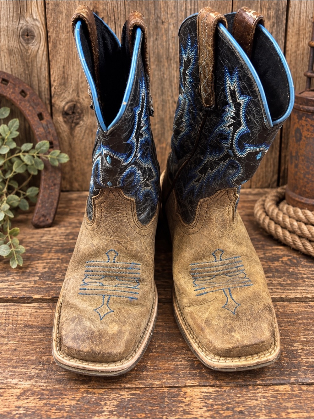 Ariat Kids Tombstone Western Cowboy Boots Brown Black Blue Size 11.5